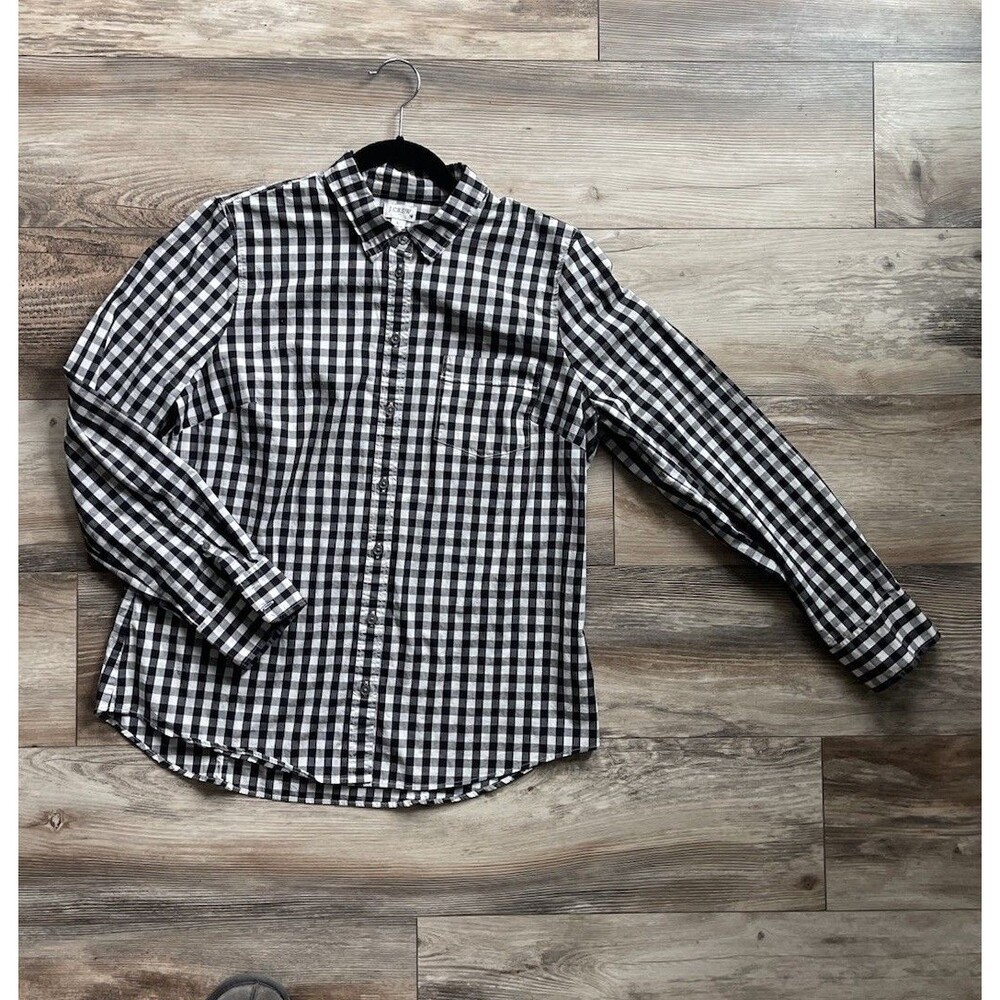 J. Crew Blouse Women Large Button up Black White Checkered Cotton